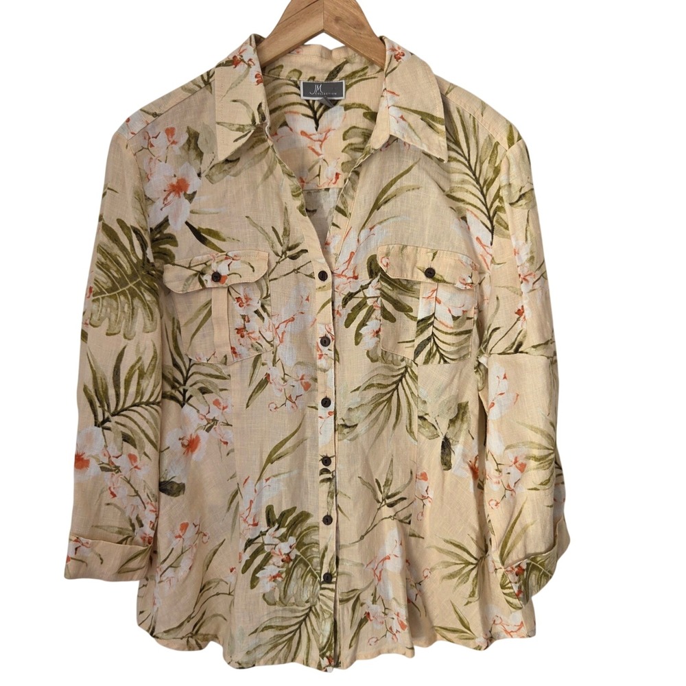 JM Collection Womens 14 Tropical Floral Palm Linen Blend Button Down Shirt Peach